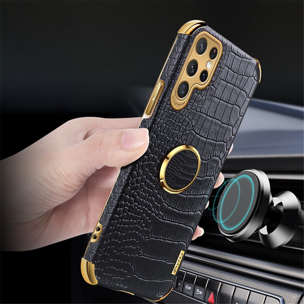 For Samsung Galaxy S22 Ultra 5G Shockproof Phone Cover Bag Crocodile Texture Kickstand Electroplating Finger Ring Holder PU Leather Coated TPU Phone Case - Black-3