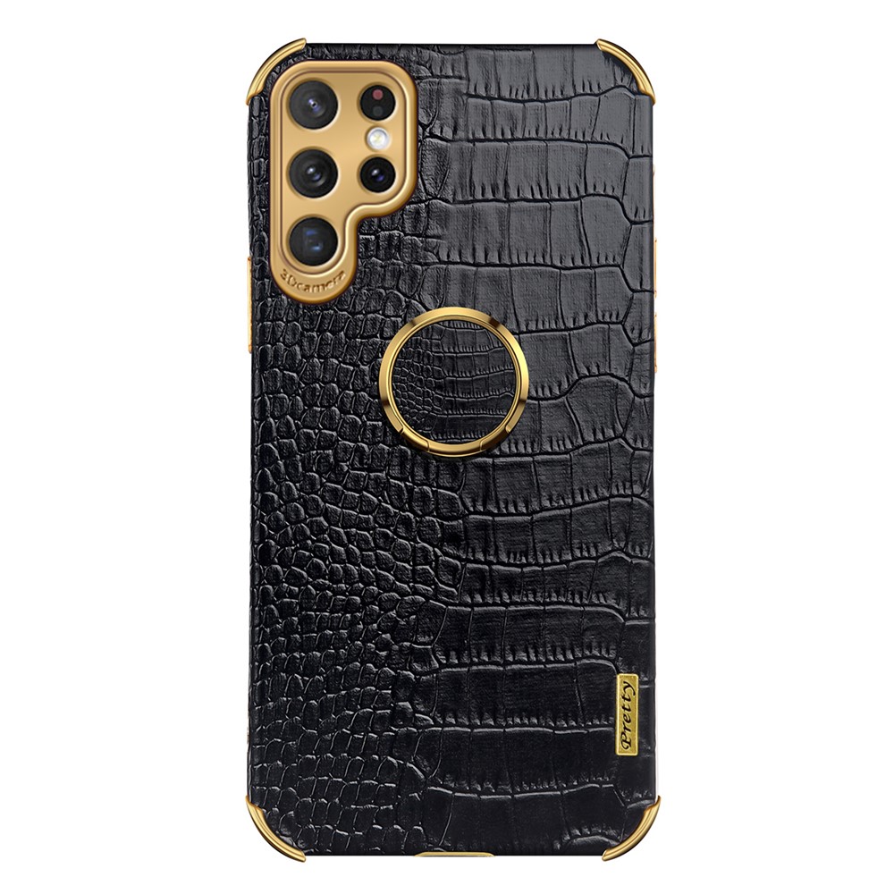 For Samsung Galaxy S22 Ultra 5G Shockproof Phone Cover Bag Crocodile Texture Kickstand Electroplating Finger Ring Holder PU Leather Coated TPU Phone Case - Black-4