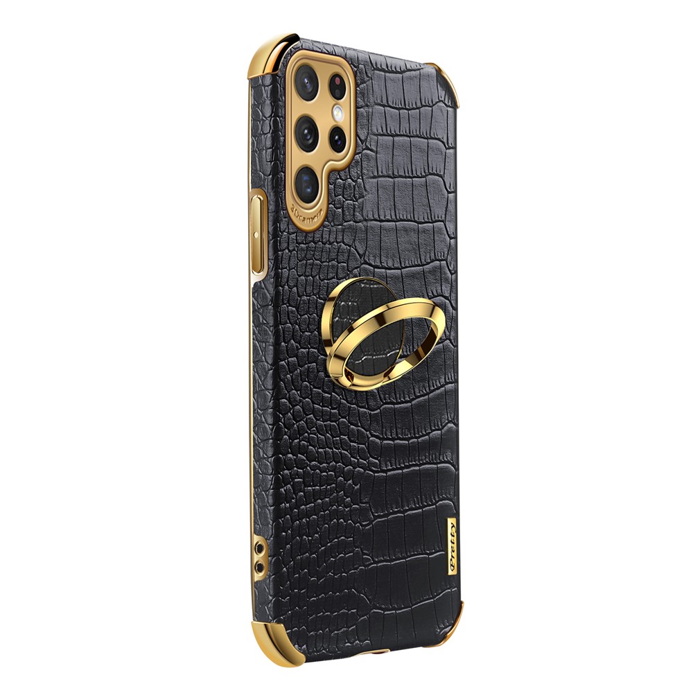 For Samsung Galaxy S22 Ultra 5G Shockproof Phone Cover Bag Crocodile Texture Kickstand Electroplating Finger Ring Holder PU Leather Coated TPU Phone Case - Black-5