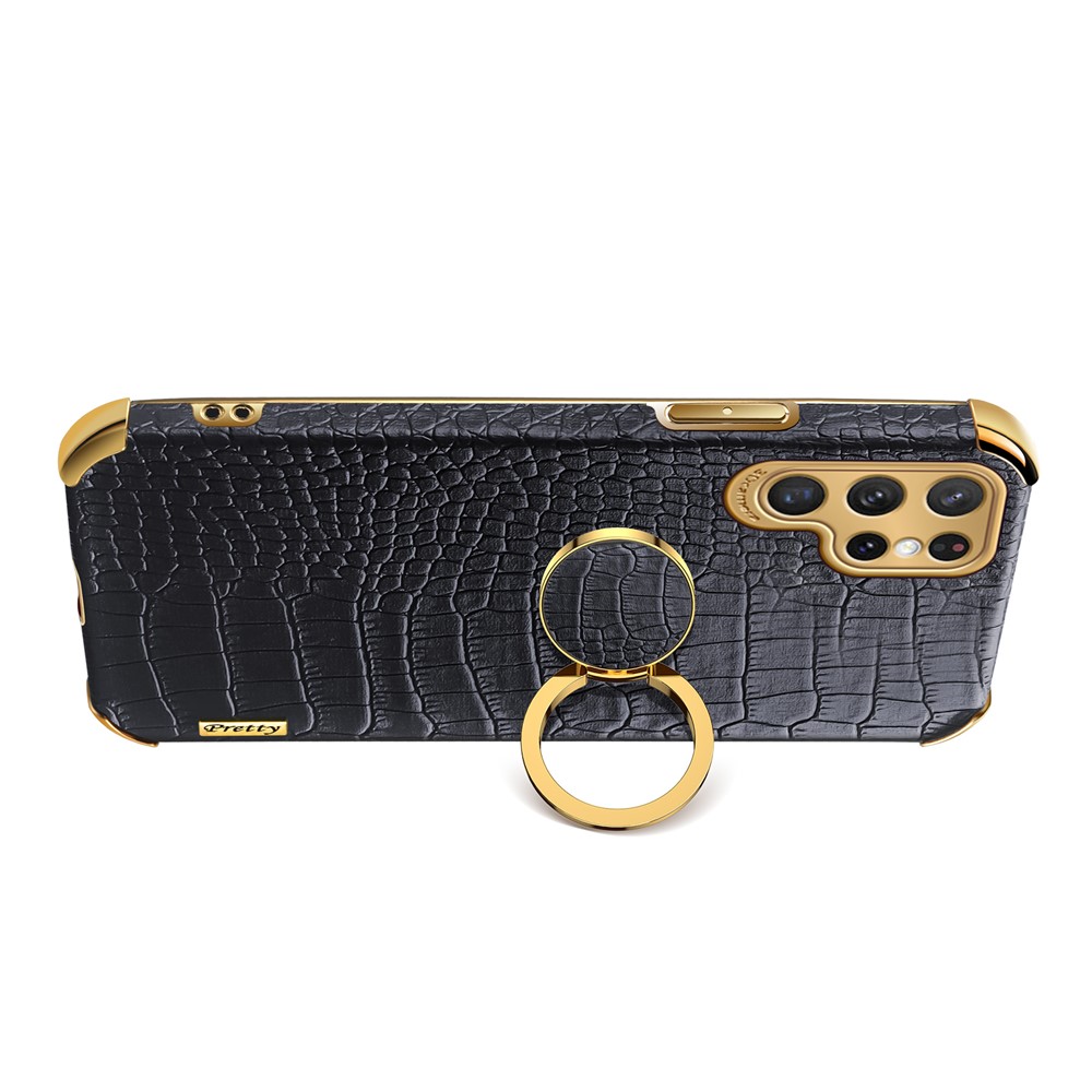 For Samsung Galaxy S22 Ultra 5G Shockproof Phone Cover Bag Crocodile Texture Kickstand Electroplating Finger Ring Holder PU Leather Coated TPU Phone Case - Black-6