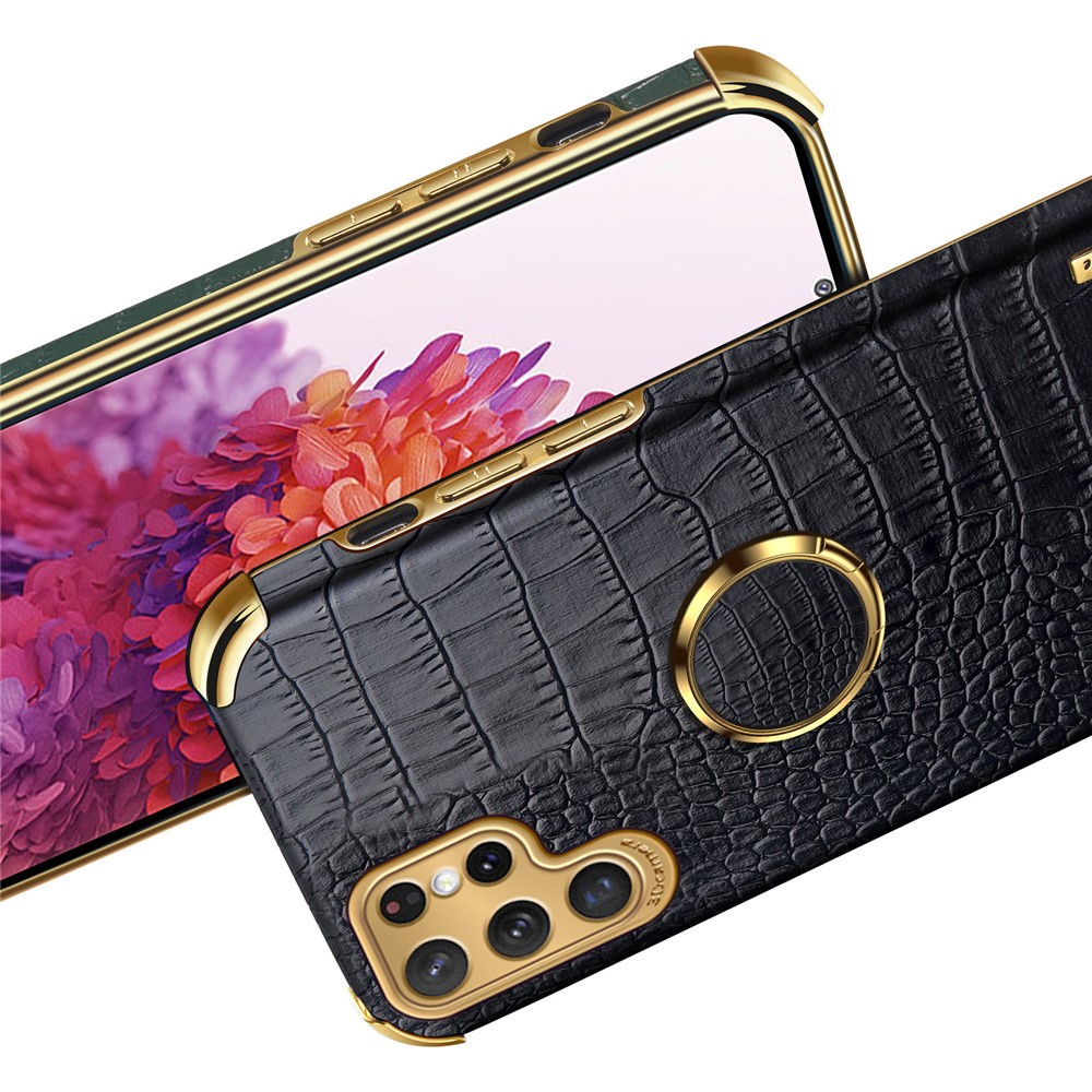 For Samsung Galaxy S22 Ultra 5G Shockproof Phone Cover Bag Crocodile Texture Kickstand Electroplating Finger Ring Holder PU Leather Coated TPU Phone Case - Black-9