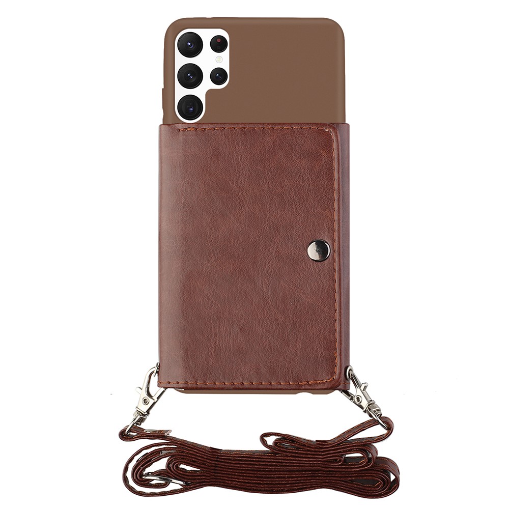 Wallet Phone Case for Samsung Galaxy S22 Ultra 5G Shockproof Phone Cover TPU + PU Leather Protective Stand Case with Shoulder Strap - Brown-2