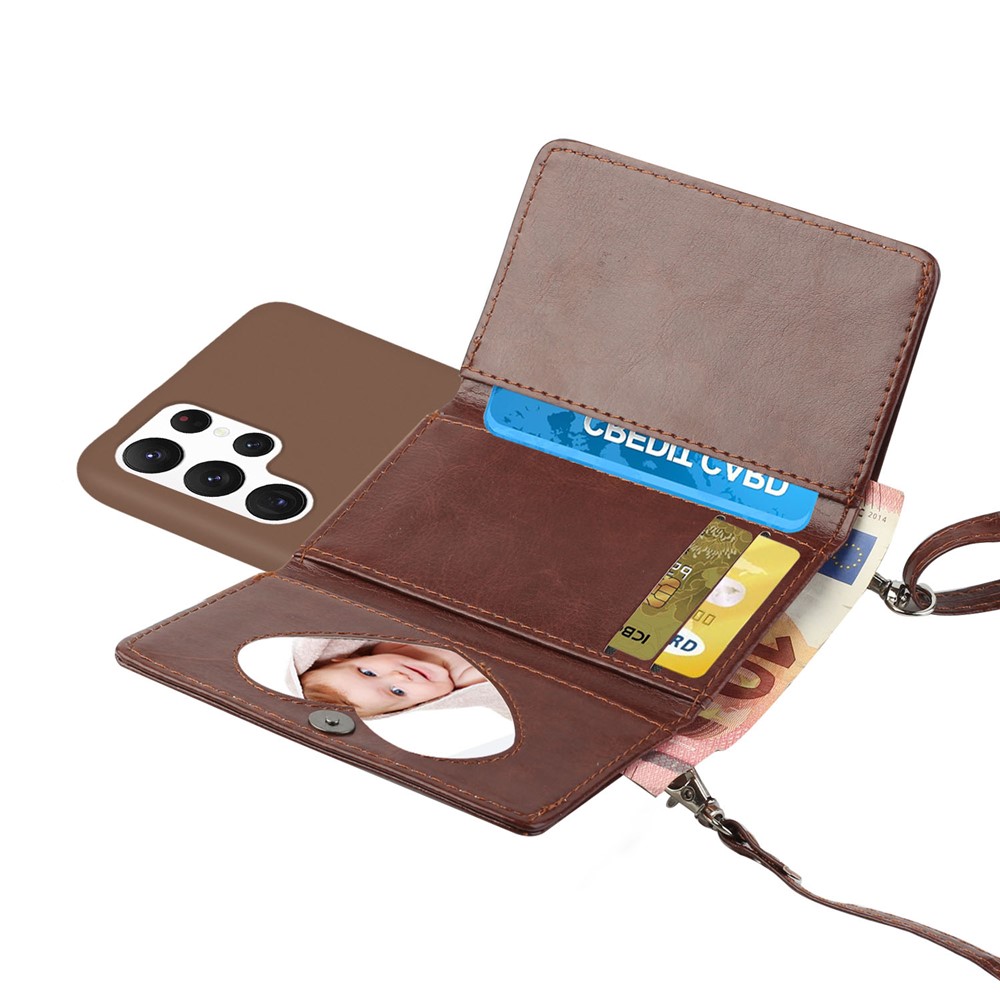 Wallet Phone Case for Samsung Galaxy S22 Ultra 5G Shockproof Phone Cover TPU + PU Leather Protective Stand Case with Shoulder Strap - Brown-3