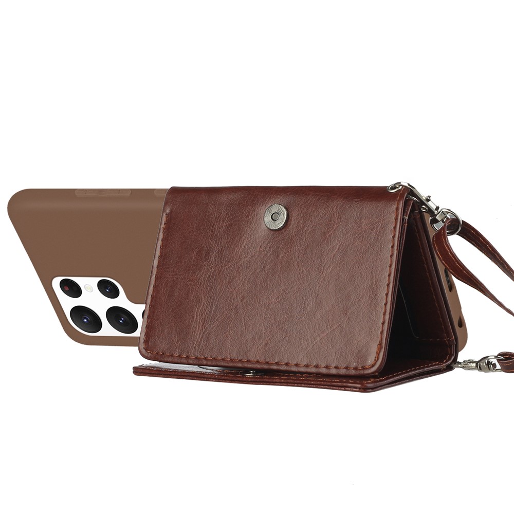 Wallet Phone Case for Samsung Galaxy S22 Ultra 5G Shockproof Phone Cover TPU + PU Leather Protective Stand Case with Shoulder Strap - Brown-4