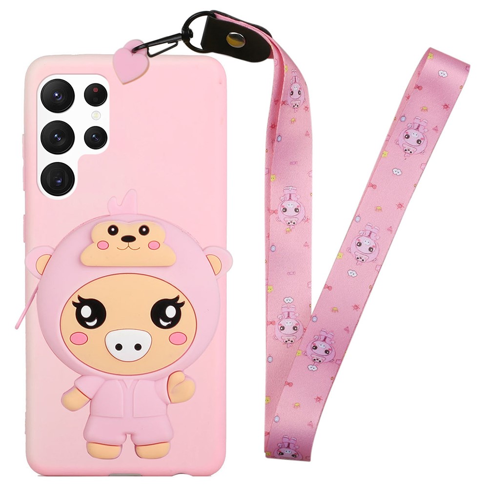 Cartoon Animal Design TPU + Silicone Hybrid Cover for Samsung Galaxy S22 Ultra 5G, Zipper Wallet Phone Case with Long Lanyard - Light Pink/Pig-1