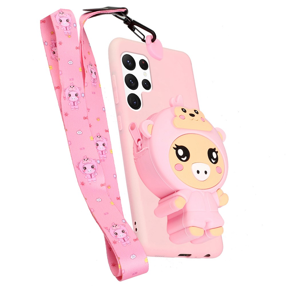 Cartoon Animal Design TPU + Silicone Hybrid Cover for Samsung Galaxy S22 Ultra 5G, Zipper Wallet Phone Case with Long Lanyard - Light Pink/Pig-2