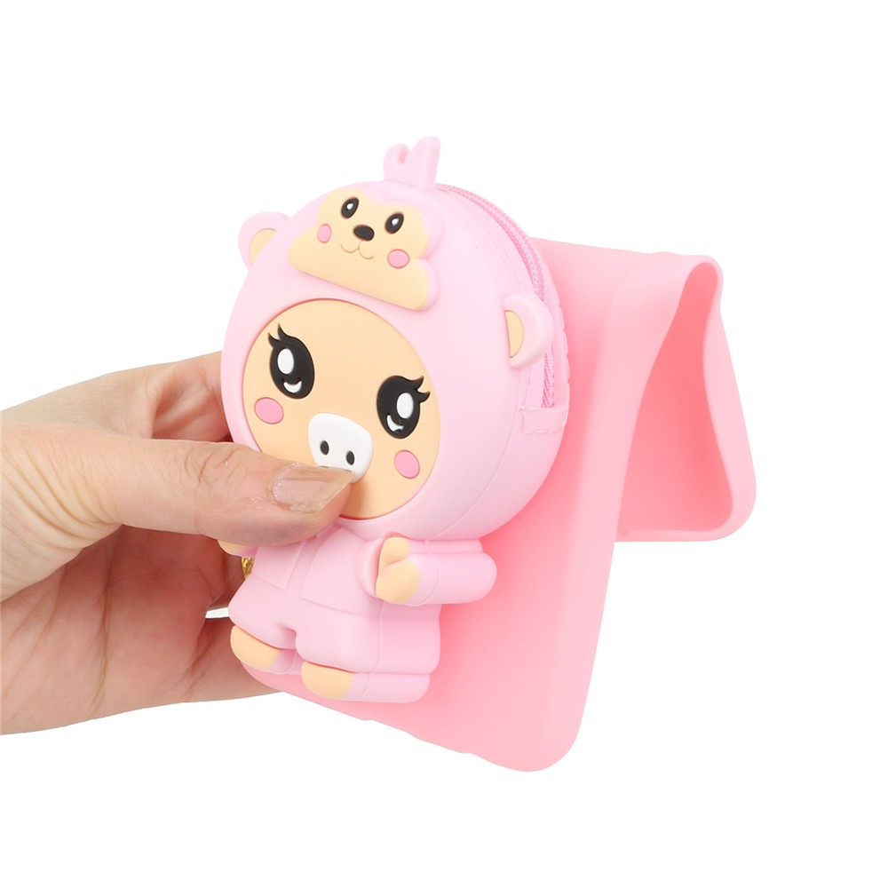 Cartoon Animal Design TPU + Silicone Hybrid Cover for Samsung Galaxy S22 Ultra 5G, Zipper Wallet Phone Case with Long Lanyard - Light Pink/Pig-5