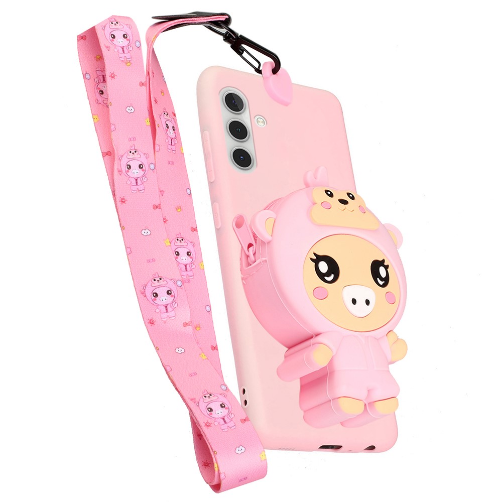 For Samsung Galaxy A13 5G Cartoon Animal Wallet Design TPU + Silicone Cover Anti-drop Hybrid Phone Case with Long Lanyard - Light Pink/Pig-2