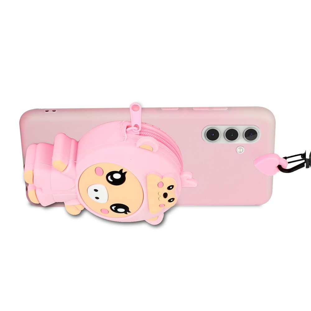 For Samsung Galaxy A13 5G Cartoon Animal Wallet Design TPU + Silicone Cover Anti-drop Hybrid Phone Case with Long Lanyard - Light Pink/Pig-4