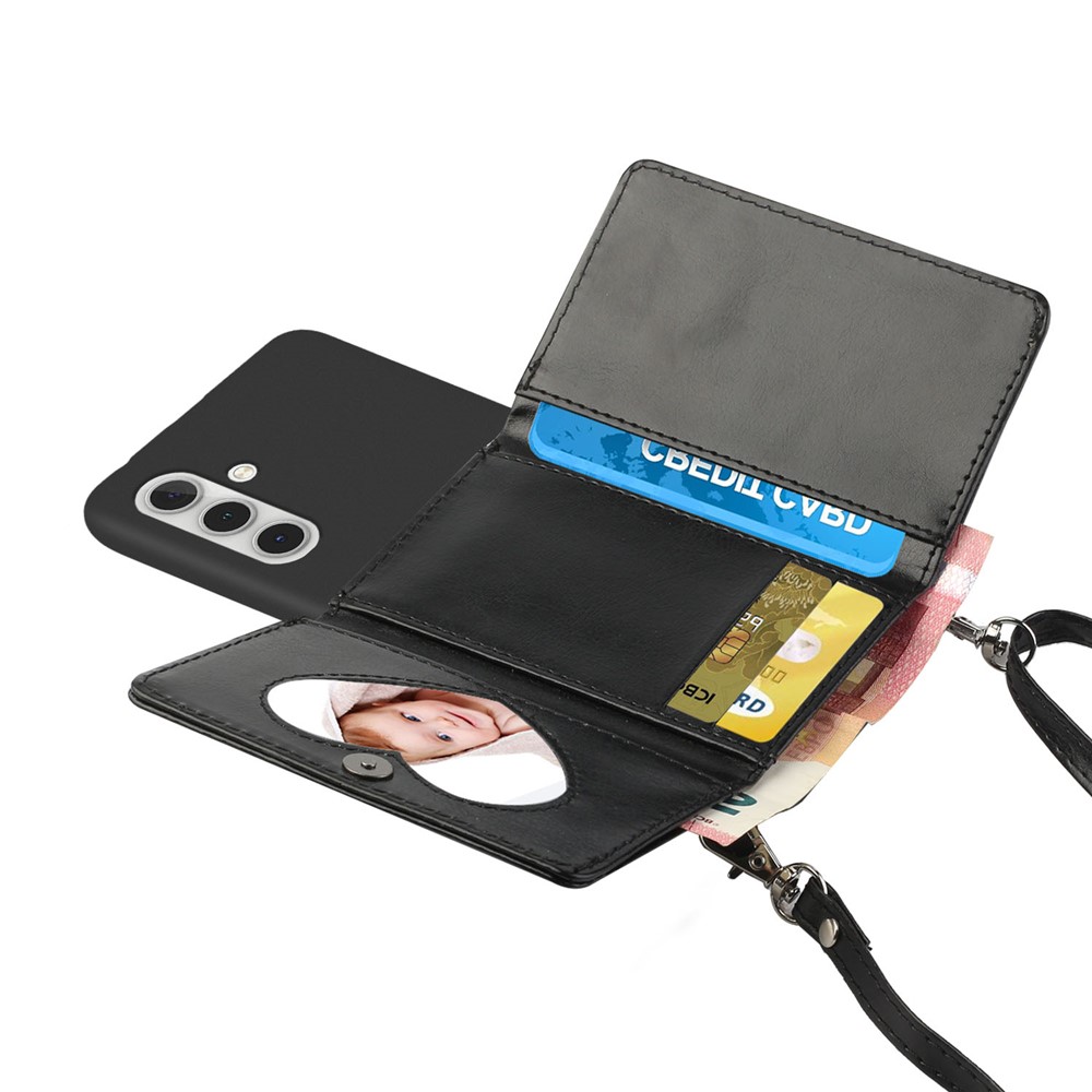 For Samsung Galaxy A13 5G Wallet Phone Case Shockproof Phone Cover TPU + PU Leather Protective Case with Shoulder Strap - Black-3