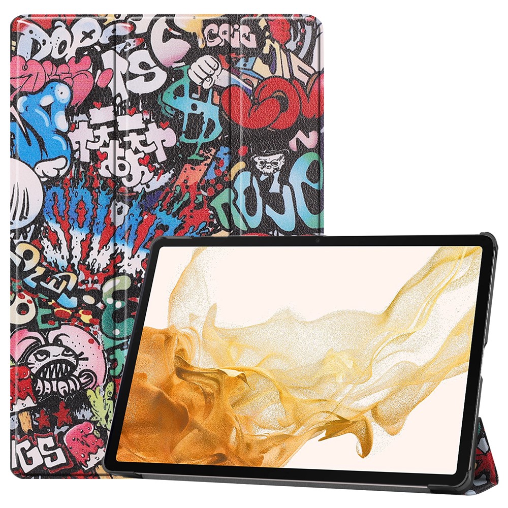 For Samsung Galaxy Tab S8+ Shockproof Trifold Stand Stylish Pattern Printing Hard PC Soft PU Leather Tablet Cover with Auto Sleep/Wake - Graffiti-1
