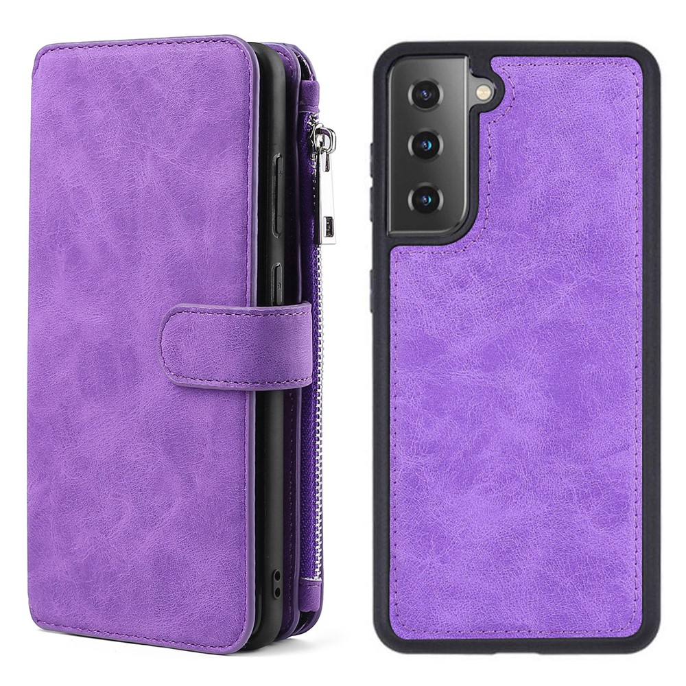 MEGSHI 007 Series for Samsung Galaxy S21 FE 5G, PU Leather 2-in-1 Detachable Magnetic Multi-Function Wallet Case Protective Cover - Purple-1