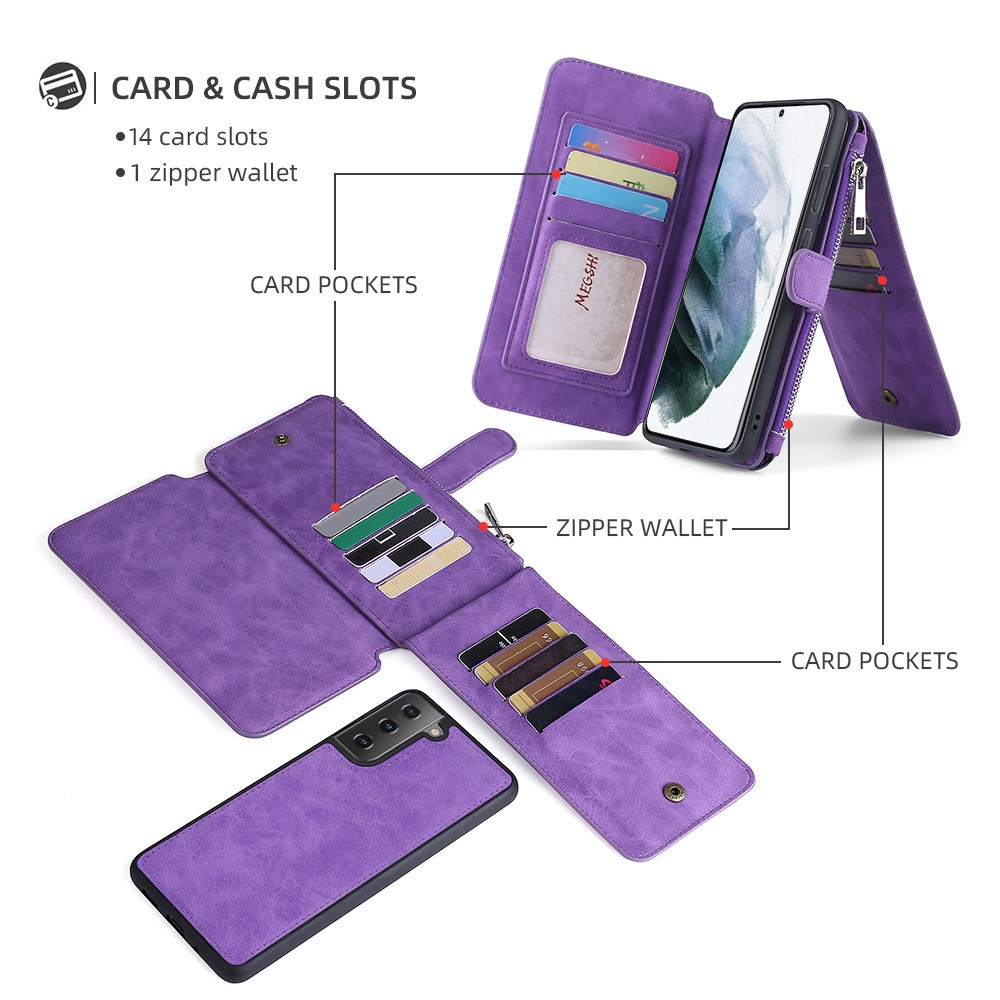 MEGSHI 007 Series for Samsung Galaxy S21 FE 5G, PU Leather 2-in-1 Detachable Magnetic Multi-Function Wallet Case Protective Cover - Purple-5