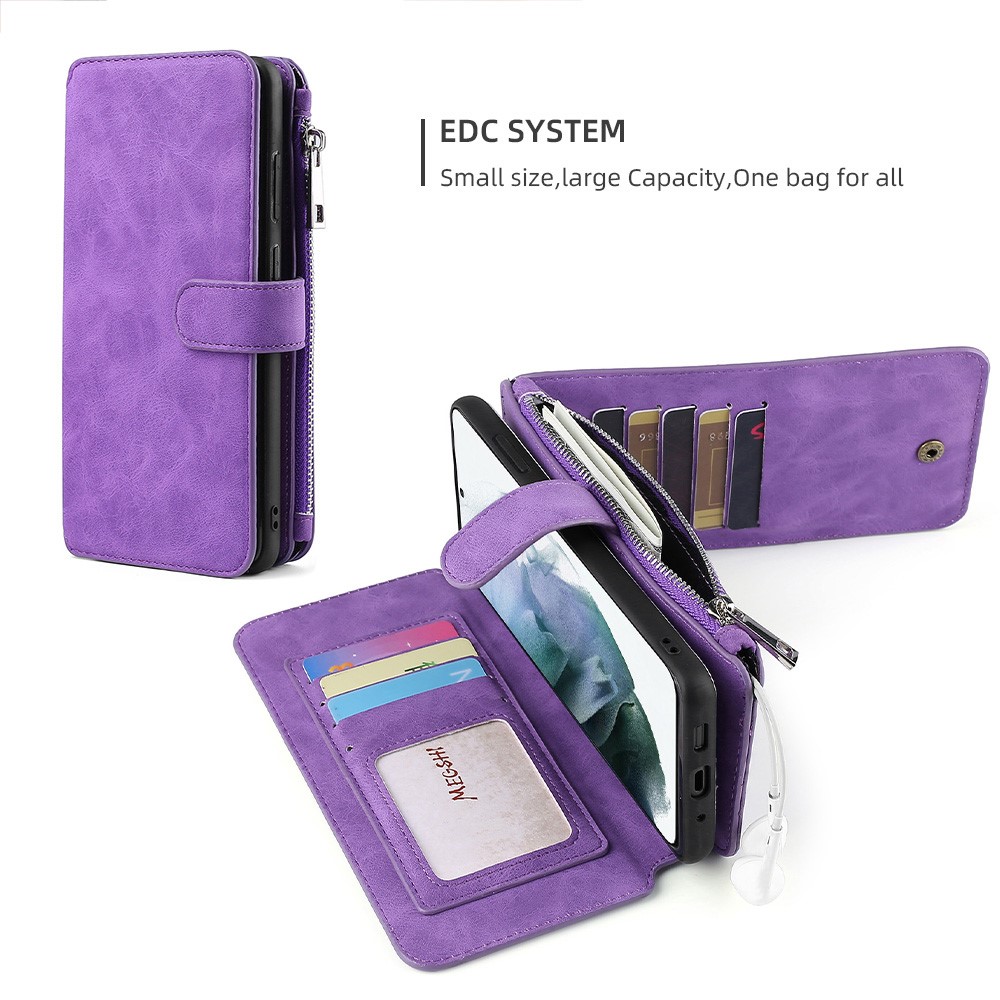 MEGSHI 007 Series for Samsung Galaxy S21 FE 5G, PU Leather 2-in-1 Detachable Magnetic Multi-Function Wallet Case Protective Cover - Purple-9