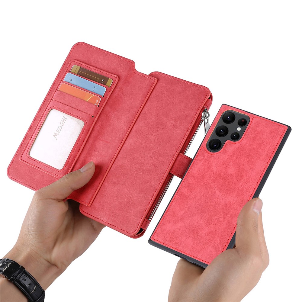MEGSHI 007 Series for Samsung Galaxy S22 Ultra 5G, 2-in-1 Detachable Magnetic Drop-proof Multi-function Wallet PU Leather Phone Case Cover - Red-1