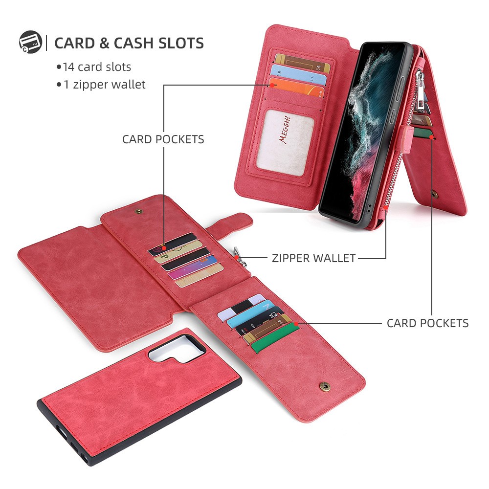 MEGSHI 007 Series for Samsung Galaxy S22 Ultra 5G, 2-in-1 Detachable Magnetic Drop-proof Multi-function Wallet PU Leather Phone Case Cover - Red-3