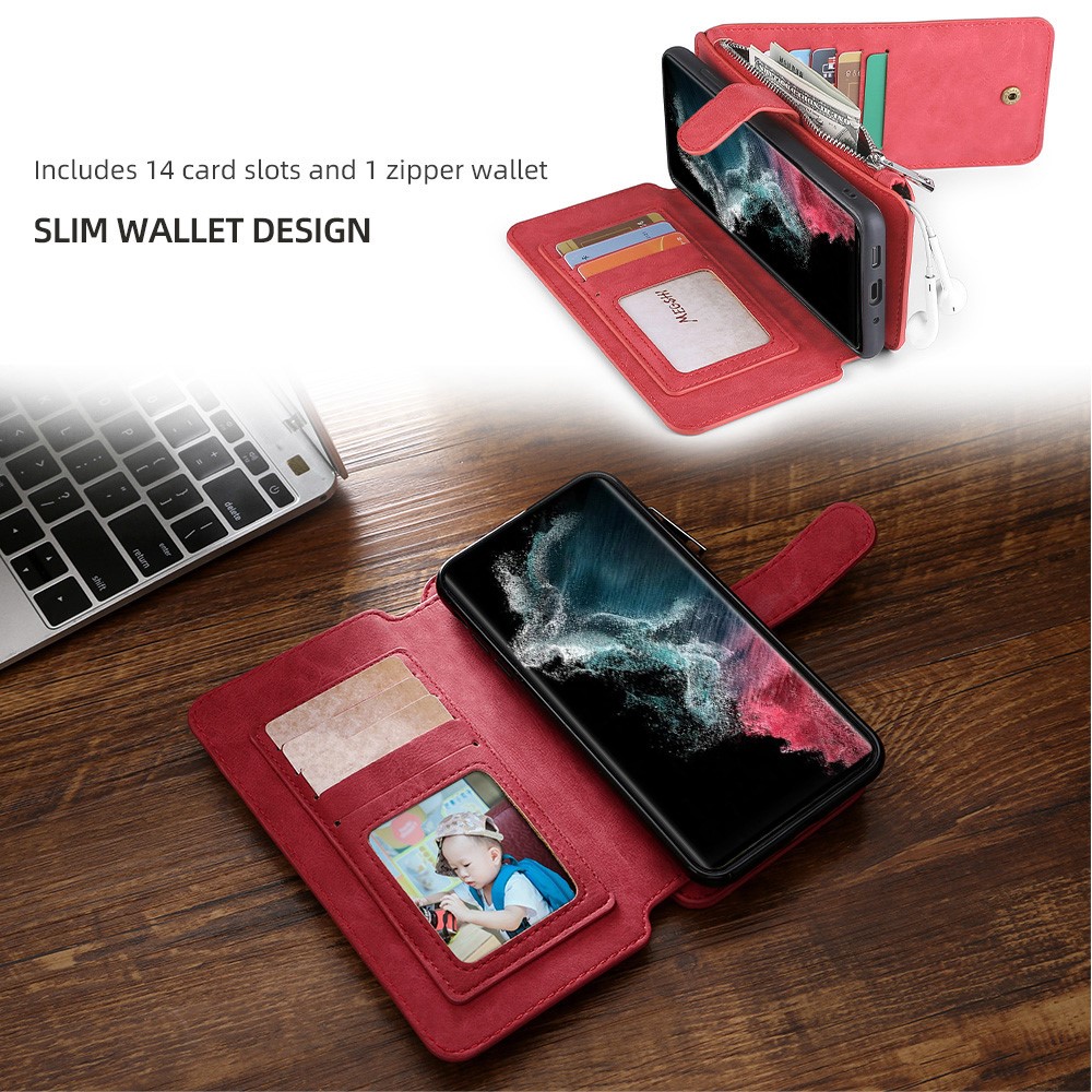 MEGSHI 007 Series for Samsung Galaxy S22 Ultra 5G, 2-in-1 Detachable Magnetic Drop-proof Multi-function Wallet PU Leather Phone Case Cover - Red-4