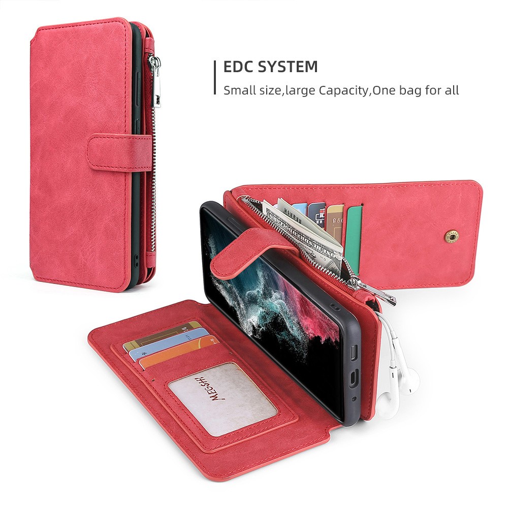 MEGSHI 007 Series for Samsung Galaxy S22 Ultra 5G, 2-in-1 Detachable Magnetic Drop-proof Multi-function Wallet PU Leather Phone Case Cover - Red-7