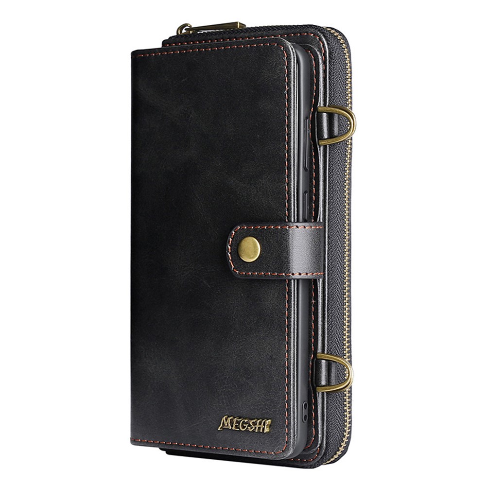 MEGSHI 020 Series PU Leather Case for Samsung Galaxy S22 5G, Shoulder Strap Anti-fall Wallet Magnetic Detachable 2-in-1 Mobile Case Shell - Black-2