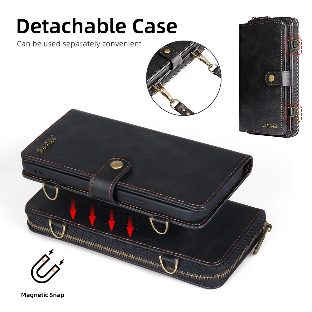 MEGSHI 020 Series for Samsung Galaxy S22+ 5G Shoulder Strap Wallet Magnetic Detachable 2-in-1 PU Leather + TPU Mobile Case - Black-8