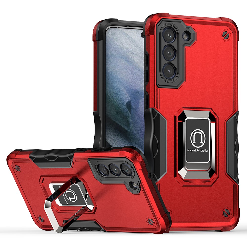 Ring Holder Kickstand PC + TPU Back Case for Samsung Galaxy S21 FE 5G, Anti-slip Grip Drop-resistant Phone Cover - Red-1