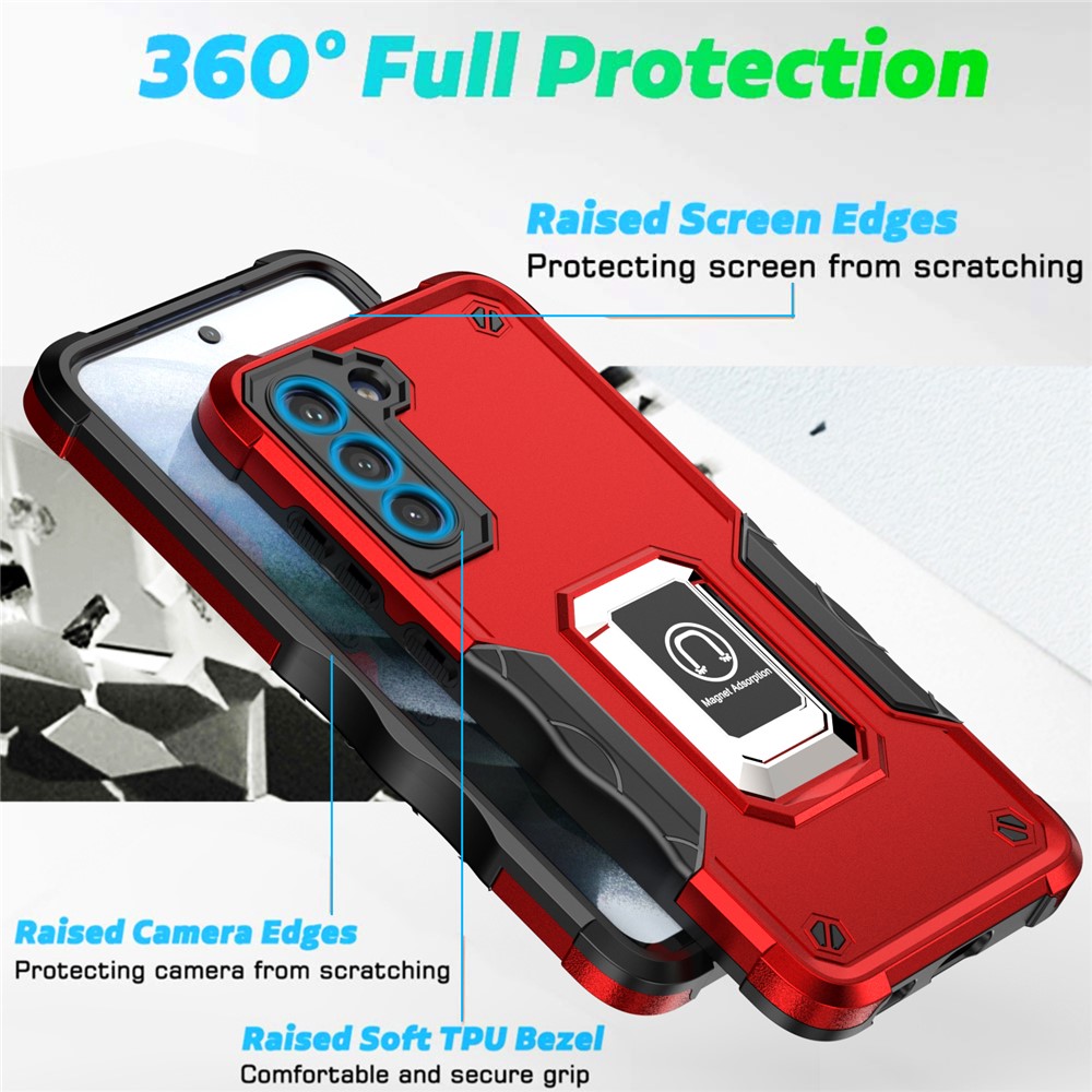 Ring Holder Kickstand PC + TPU Back Case for Samsung Galaxy S21 FE 5G, Anti-slip Grip Drop-resistant Phone Cover - Red-3