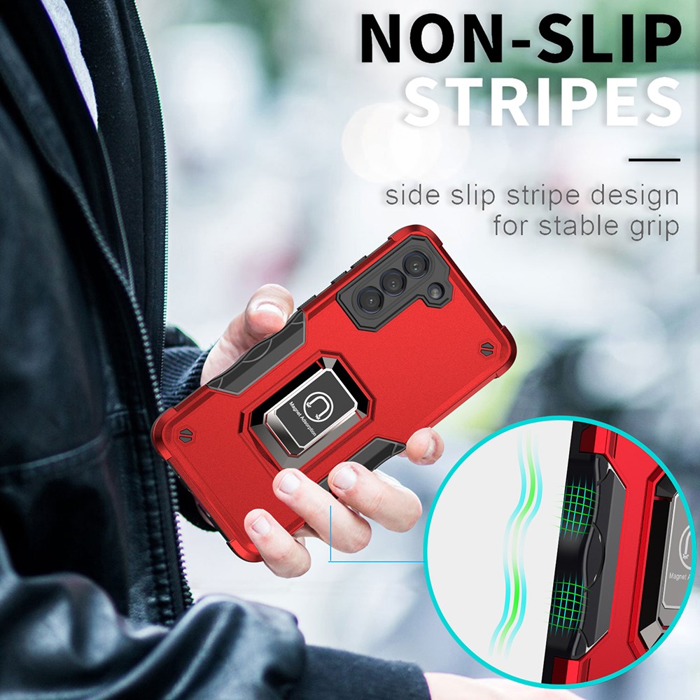 Ring Holder Kickstand PC + TPU Back Case for Samsung Galaxy S21 FE 5G, Anti-slip Grip Drop-resistant Phone Cover - Red-5
