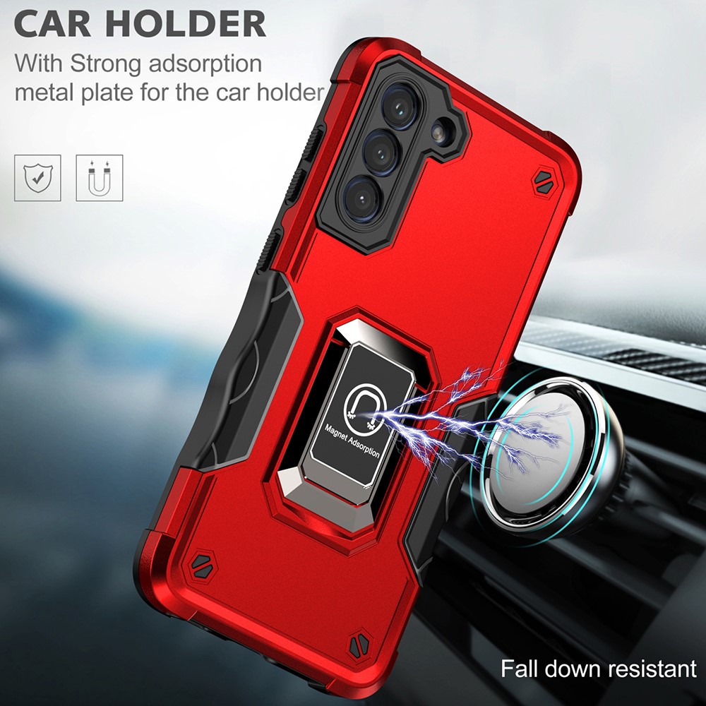 Ring Holder Kickstand PC + TPU Back Case for Samsung Galaxy S21 FE 5G, Anti-slip Grip Drop-resistant Phone Cover - Red-6