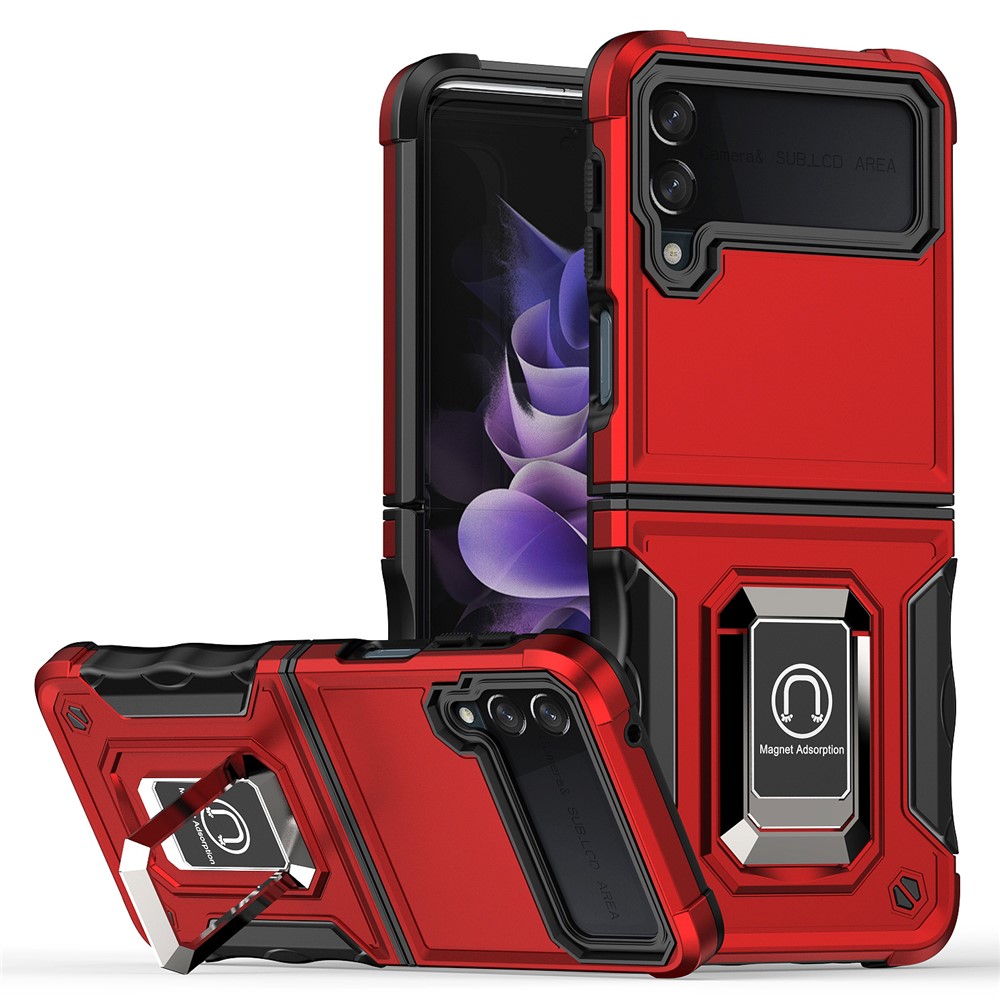 For Samsung Galaxy Z Flip3 5G Ring Holder Kickstand Hard PC + Soft TPU Dual Layer Protection Hybrid Phone Case - Red-1