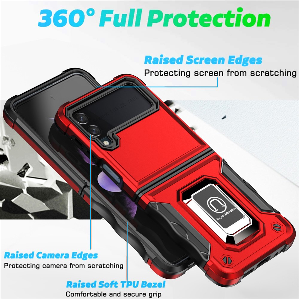 For Samsung Galaxy Z Flip3 5G Ring Holder Kickstand Hard PC + Soft TPU Dual Layer Protection Hybrid Phone Case - Red-3