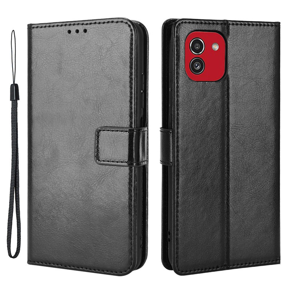 For Samsung Galaxy A03 (166.5 x 75.98 x 9.14mm) PU Leather Flip Case Crazy Horse Texture Folio Stand Magnetic Folding Cover with Strap - Black-1