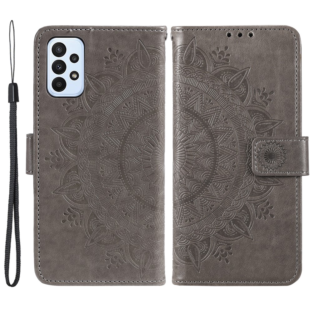 For Samsung Galaxy A23 4G/5G PU Leather Book Wallet Case Imprinted Mandala Flower Stand Function Full Body Protective Phone Cover with Strap - Grey-1