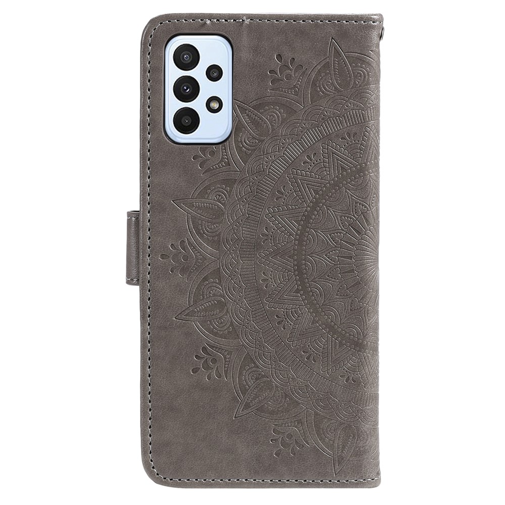 For Samsung Galaxy A23 4G/5G PU Leather Book Wallet Case Imprinted Mandala Flower Stand Function Full Body Protective Phone Cover with Strap - Grey-3