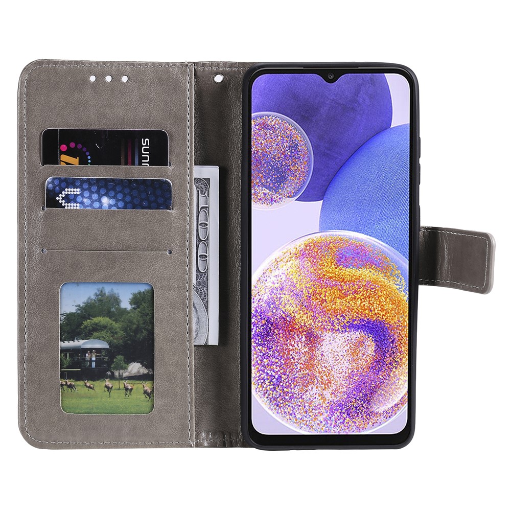 For Samsung Galaxy A23 4G/5G PU Leather Book Wallet Case Imprinted Mandala Flower Stand Function Full Body Protective Phone Cover with Strap - Grey-4