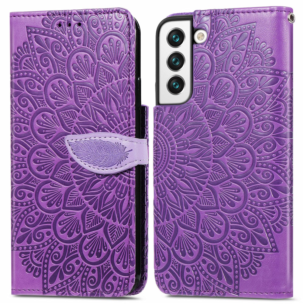 For Samsung Galaxy S21+ 5G Imprinting Leather Phone Case Wallet Stand Feather Pattern Phone Accessory with Strap - Purple-1