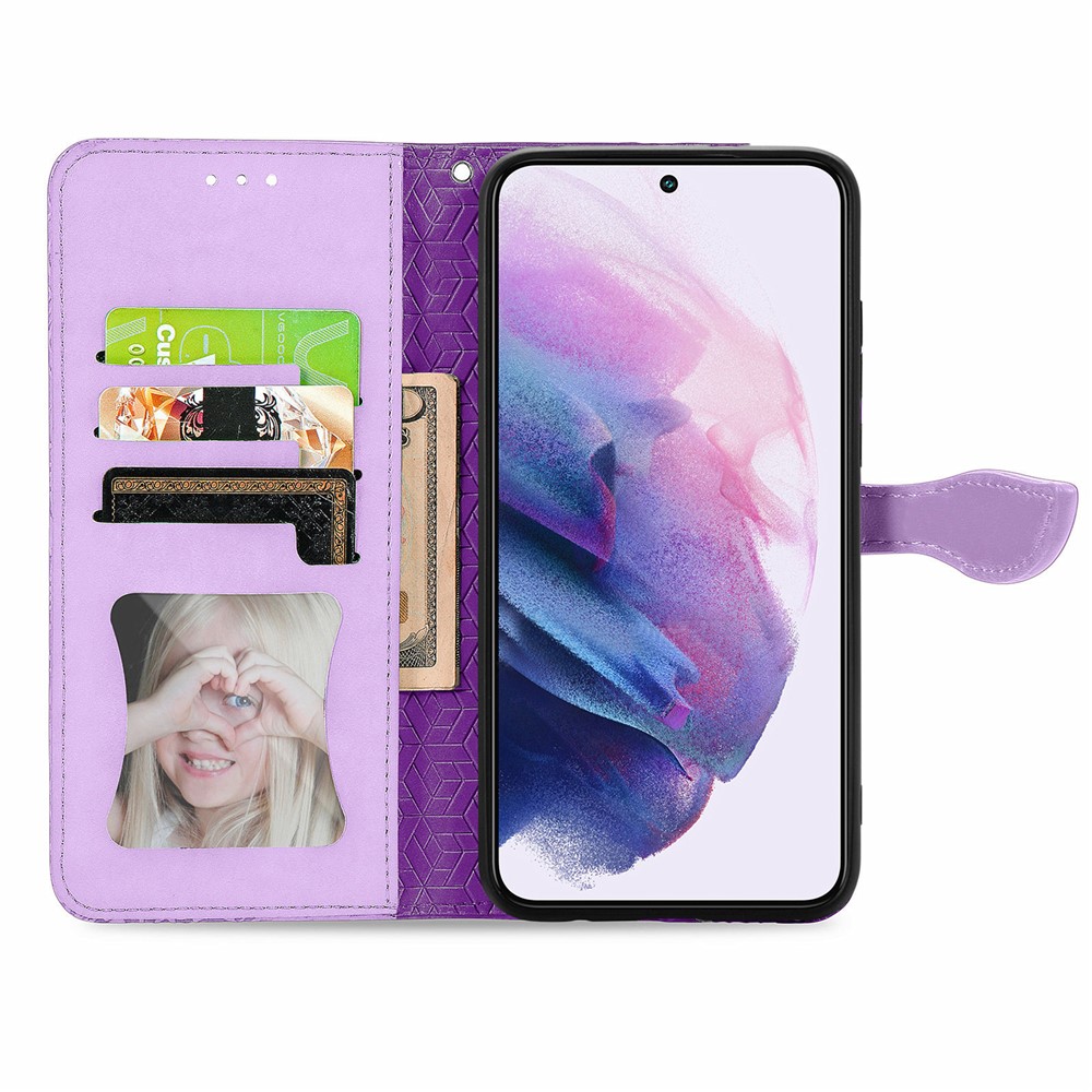 For Samsung Galaxy S21+ 5G Imprinting Leather Phone Case Wallet Stand Feather Pattern Phone Accessory with Strap - Purple-4