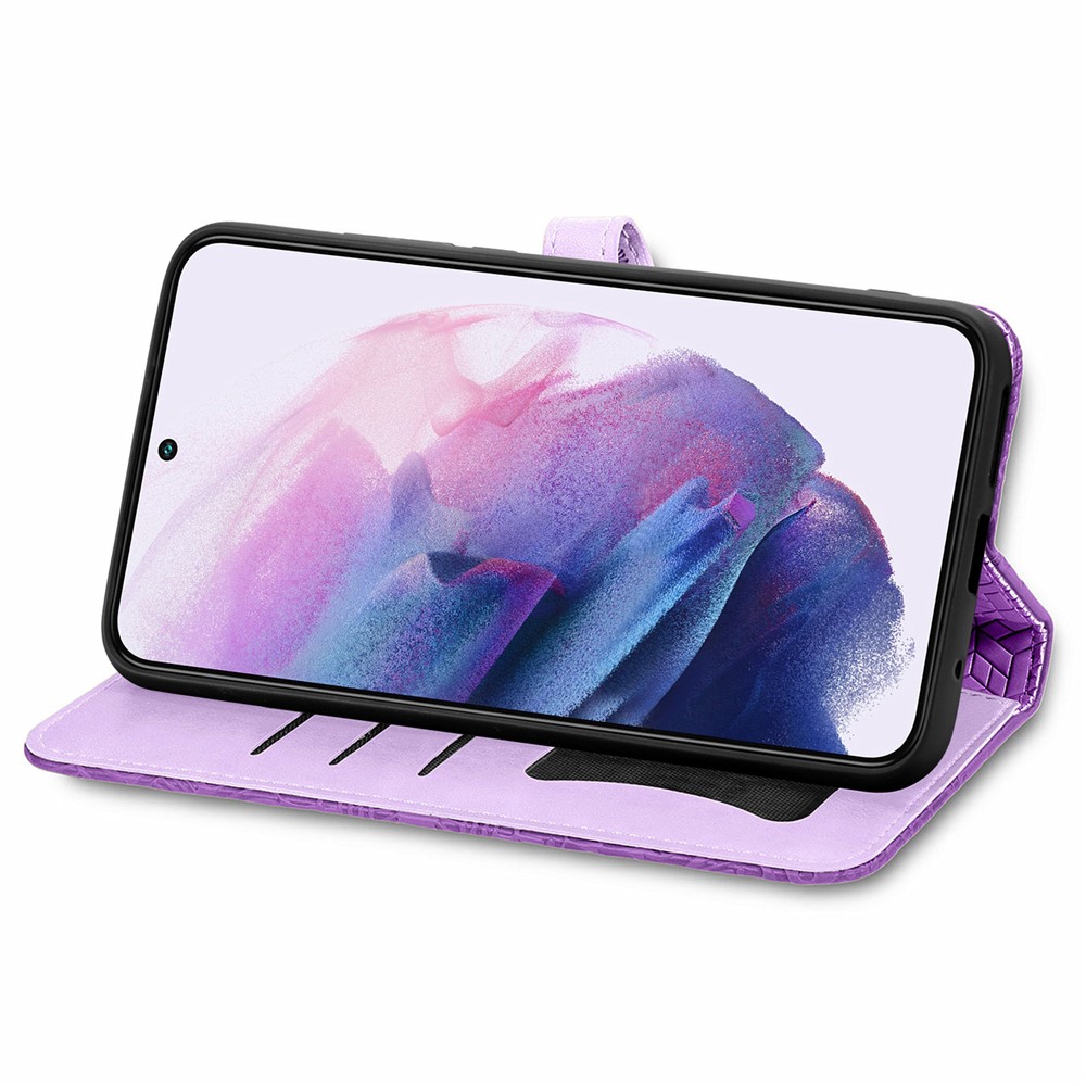 For Samsung Galaxy S21+ 5G Imprinting Leather Phone Case Wallet Stand Feather Pattern Phone Accessory with Strap - Purple-5