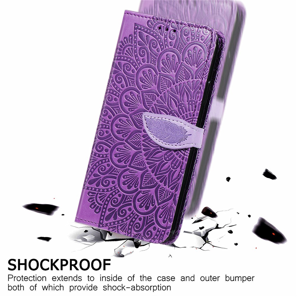 For Samsung Galaxy S21+ 5G Imprinting Leather Phone Case Wallet Stand Feather Pattern Phone Accessory with Strap - Purple-6