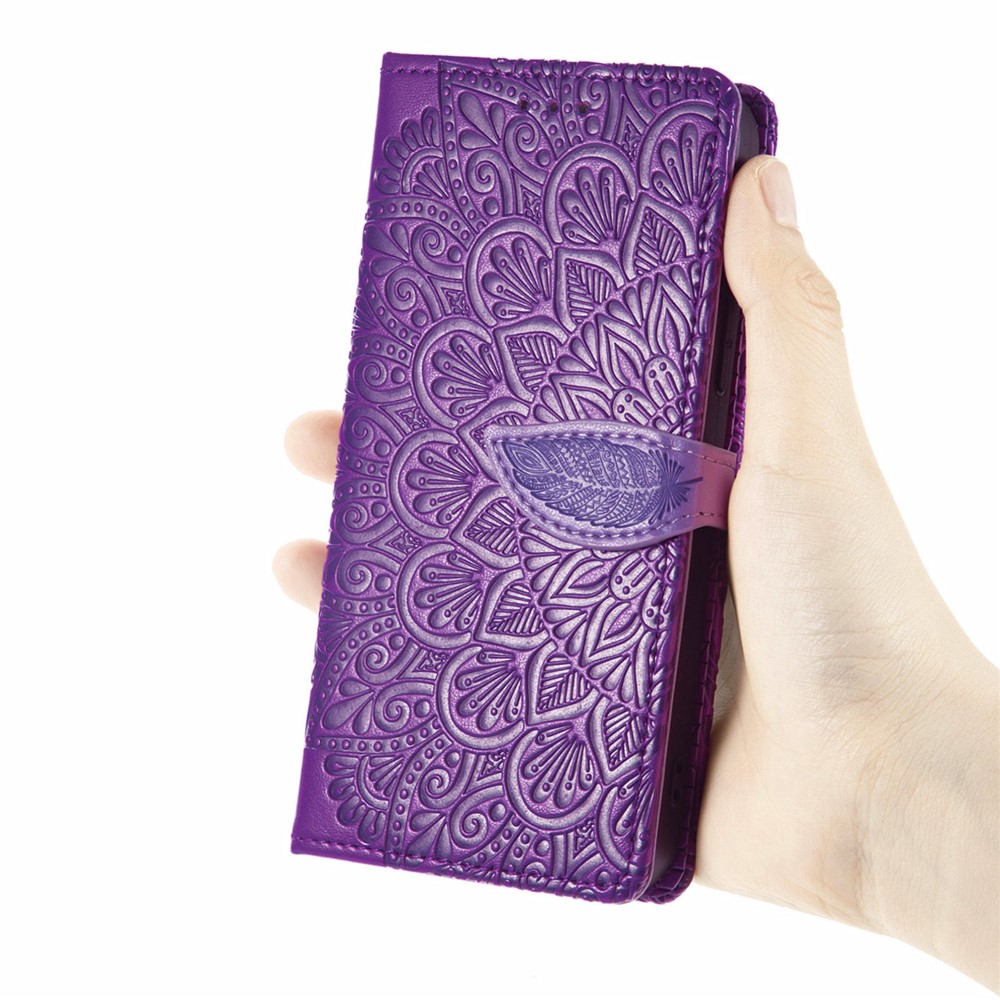 For Samsung Galaxy S21+ 5G Imprinting Leather Phone Case Wallet Stand Feather Pattern Phone Accessory with Strap - Purple-8