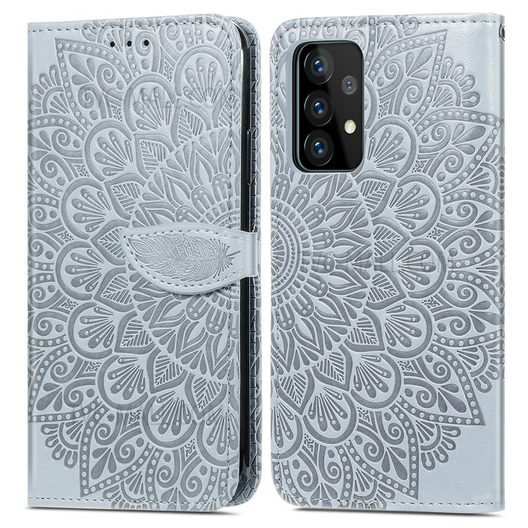 For Samsung Galaxy A13 4G Feather Pattern Imprinting Leather Phone Case Folio Flip Wallet Case with Stand Strap - Grey-1