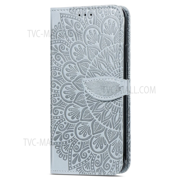 For Samsung Galaxy A13 4G Feather Pattern Imprinting Leather Phone Case Folio Flip Wallet Case with Stand Strap - Grey-2
