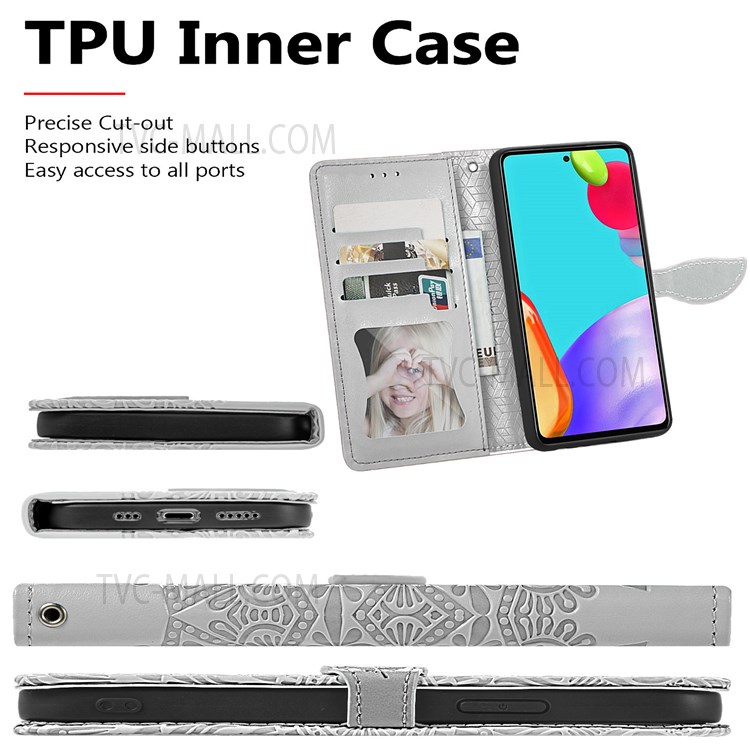 For Samsung Galaxy A13 4G Feather Pattern Imprinting Leather Phone Case Folio Flip Wallet Case with Stand Strap - Grey-8