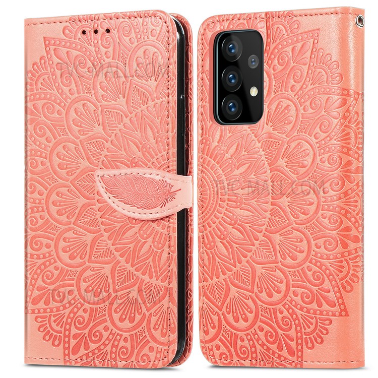 For Samsung Galaxy A13 4G Feather Pattern Imprinting Leather Phone Case Folio Flip Wallet Case with Stand Strap - Orange-1