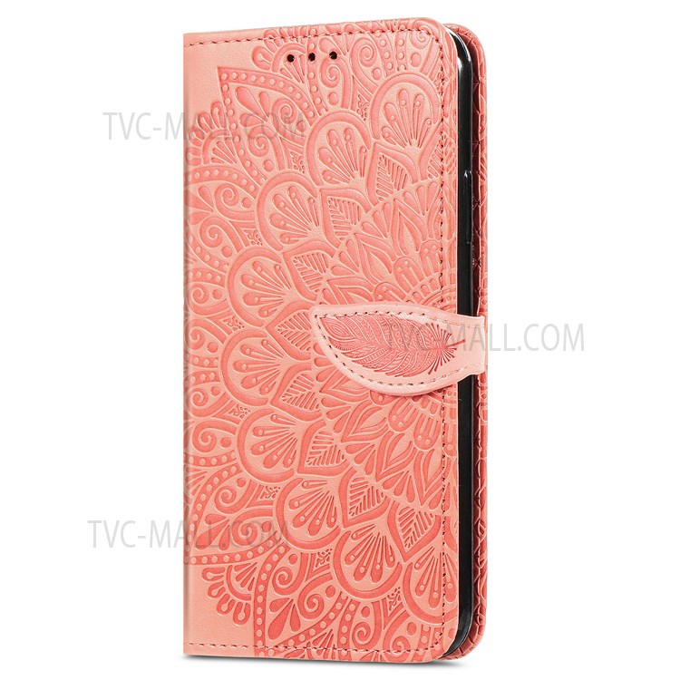 For Samsung Galaxy A13 4G Feather Pattern Imprinting Leather Phone Case Folio Flip Wallet Case with Stand Strap - Orange-2