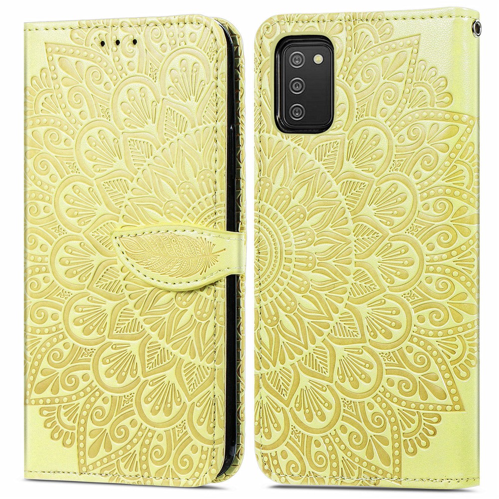 For Samsung Galaxy A02s (166.5x75.9x9.2mm) Imprinting Leather Phone Case with Feather Pattern Wallet Stand Phone Case with Strap - Yellow-1