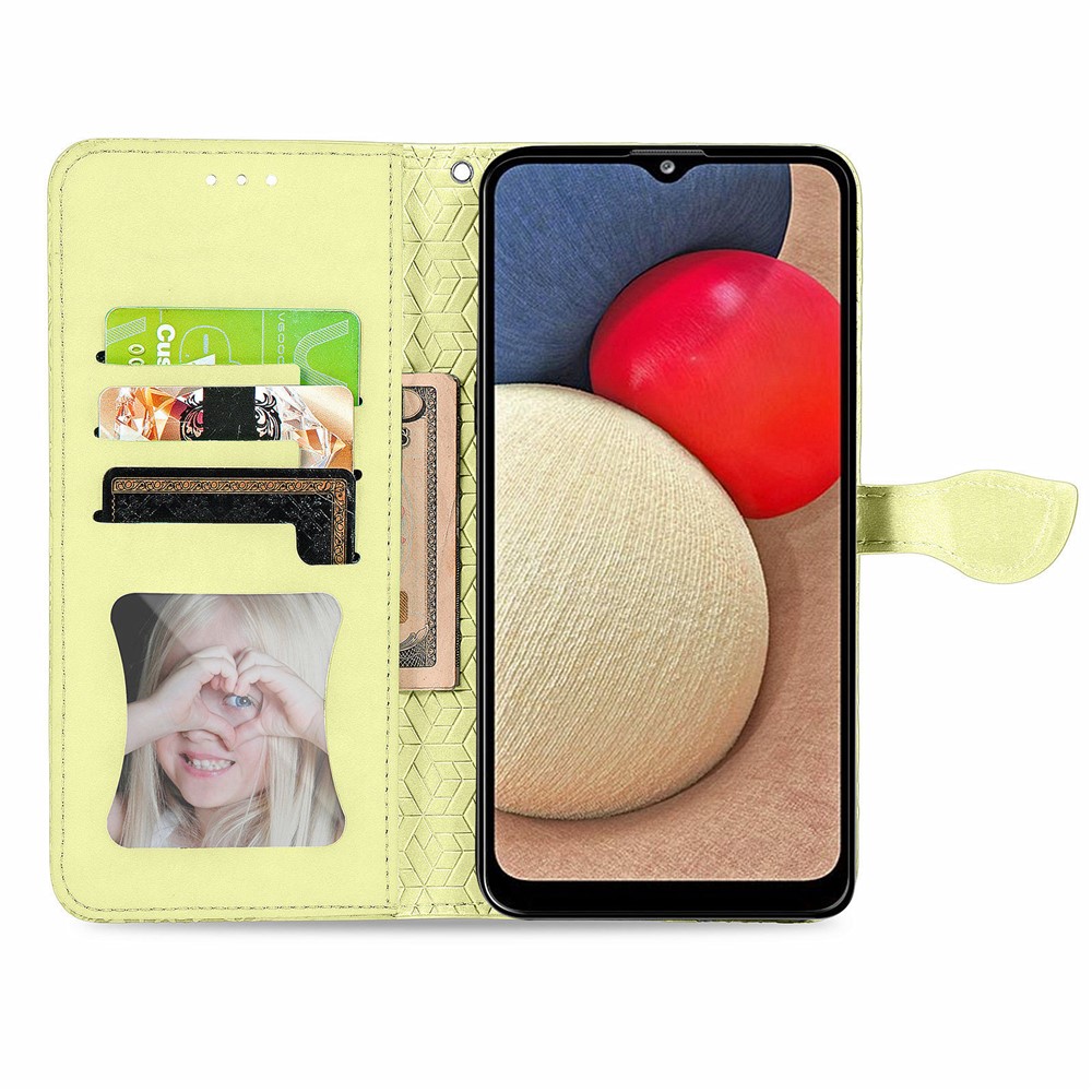 For Samsung Galaxy A02s (166.5x75.9x9.2mm) Imprinting Leather Phone Case with Feather Pattern Wallet Stand Phone Case with Strap - Yellow-4