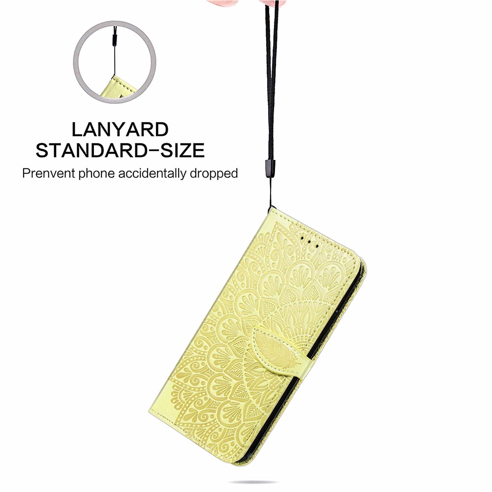 For Samsung Galaxy A02s (166.5x75.9x9.2mm) Imprinting Leather Phone Case with Feather Pattern Wallet Stand Phone Case with Strap - Yellow-7