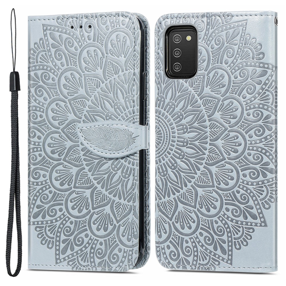 For Samsung Galaxy A02s (164.2x75.9x9.1mm) Imprinted Dream Wings Pattern PU Leather Case Wallet Stand Magnetic Flip Cover with Strap - Grey-1