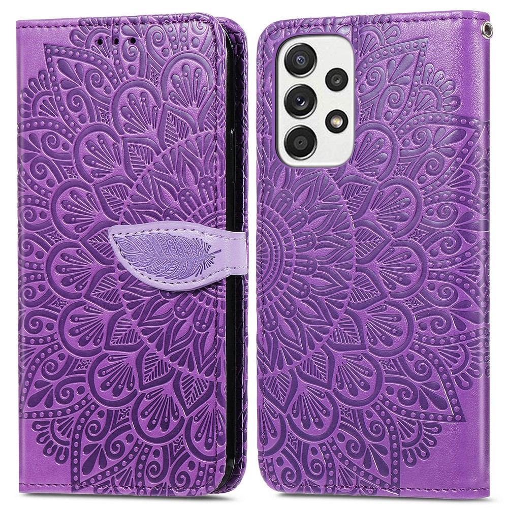 For Samsung Galaxy A32 4G (EU Version) Feather Pattern Imprinting Leather Phone Case with Wallet Stand Strap - Purple-1