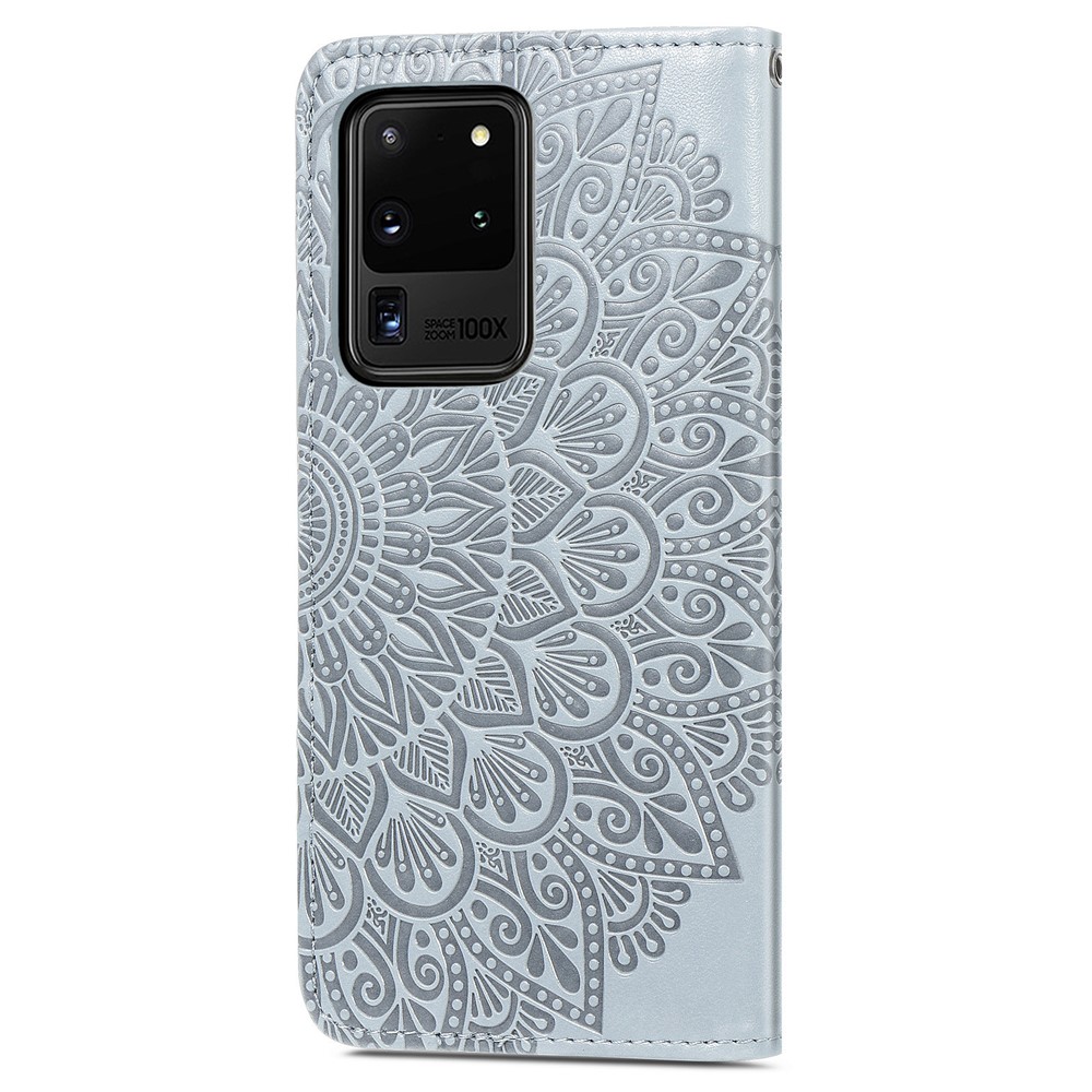 For Samsung Galaxy S20 Ultra Flip Phone Case Imprinted Dream Wings Pattern TPU+PU Leather Folio Stand Function Wallet Phone Cover with Strap - Grey-3